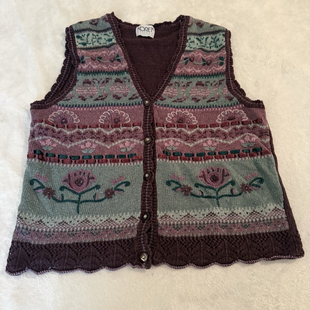 Vtg Koret Petites Womens Sz SP Sweater Vest Purple Green Floral Academia Cottage